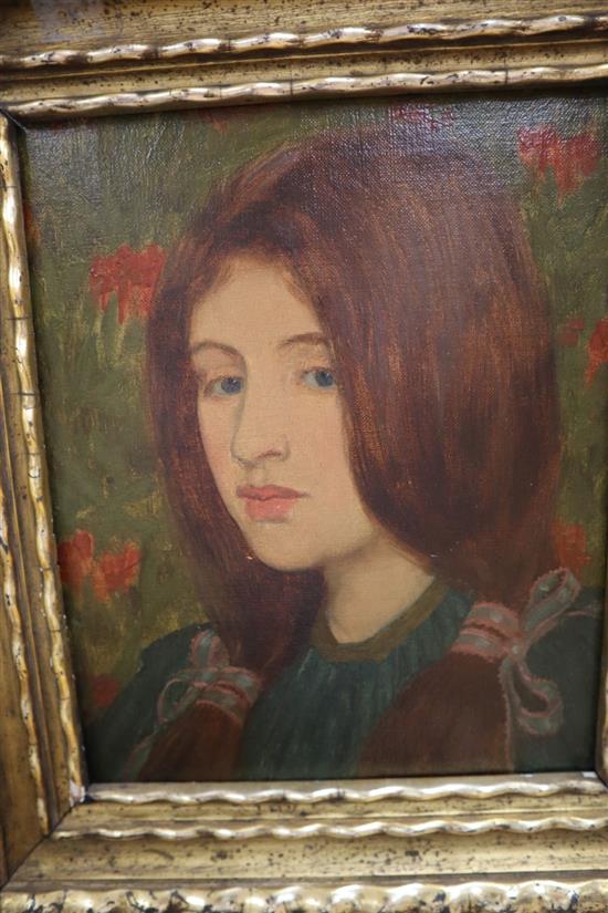 19th century English School, oil on canvas, Portrait of a young girl with ribbon tied hair, 27 x 22cm